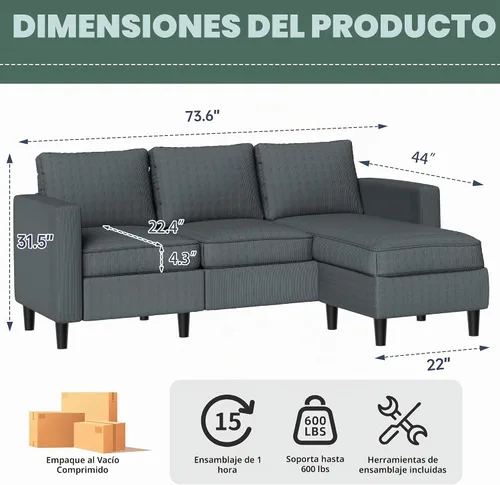 Vista 2 de SUNLEI Sofá modular en forma de L, moderno sofá modular reversible gris con otomana reversible, sofás seccionales de 3 asientos para sala de estar