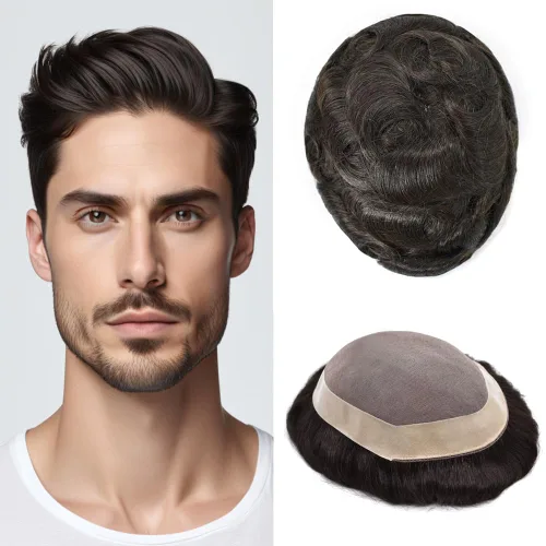 Vista 104 de Mens Toupee Hair Piece Real Human Hair Fine Mono Toupee para hombres Sistema de reemplazo de cabello para hombre Postizo Protesis Capilar Para