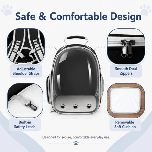 Vista 6 de Mochila expandible para gatos y perros, mochila de viaje para mascotas con ventana de burbujas con malla transpirable, estructura anticolapso, Negro