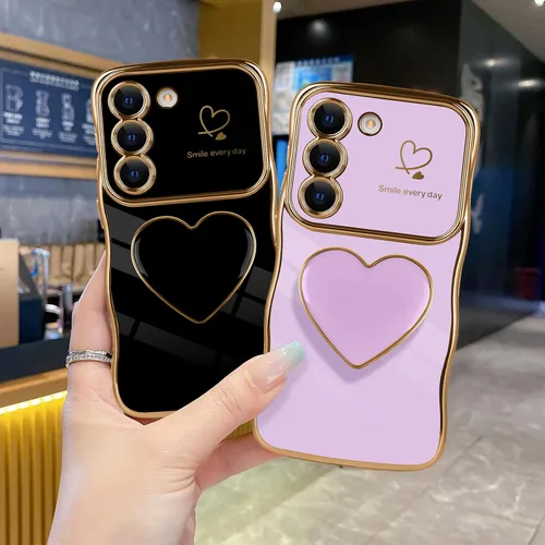 Vista 2 de Funda para Samsung Galaxy S22 Love-Heart Holder Case Cute Black Luxury Wave Frame forma rizada con corazón de amor, cubierta protectora de TPU suave