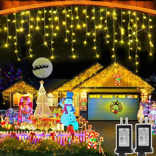 Vista 11 de Luces de Navidad para exteriores, 49 pies, 480 luces LED para exteriores, 90 tiras de luces de carámbano con 8 modos, temporizador impermeable