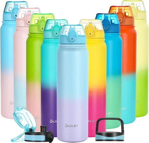 Vista 20 de Oldley Botella de Agua Aislada con Pajilla de 20oz, Botellas de Agua de Acero Inoxidable con 3 Tapas, Aislamiento al Vacío de Doble Pared Térmica