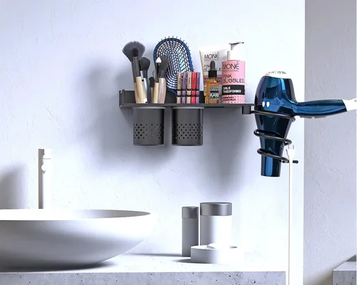 Vista 6 de MyLifeUNIT Soporte para secador de pelo, organizador de secadora de pelo montado en la pared con 2 tazas, estante de herramientas de peinado de baño