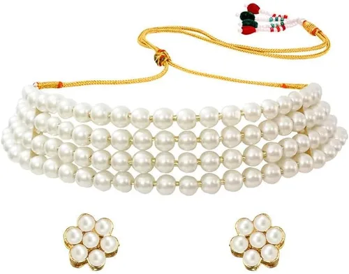 Vista 2 de Aheli Gargantilla con cuentas de perlas y aretes para mujer, juego de joyas tradicionales indias de Bollywood