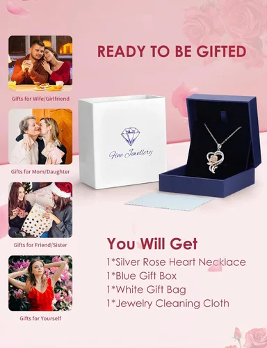 Vista 6 de Collar de corazón de rosa para mujer, collares de plata de ley 925 para mujer, collares de piedra natal, regalos para mujeres, regalos de cumpleaños