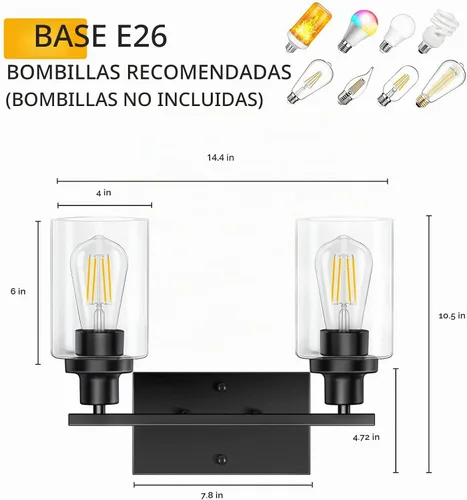Vista 5 de Lámparas de baño, luces negras de 2 luces, luz de tocador de baño