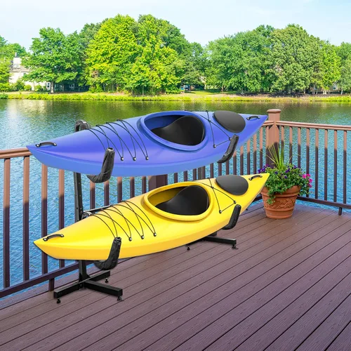Vista 6 de RaxGo - Estante de almacenamiento independiente para kayak, almacenamiento resistente para dos kayaks, SUP, canoa y tabla de remo para interiores