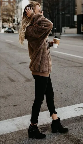 Vista 4 de ReachMe - Sudadera de gran tamaño con capucha sherpa para mujer, de vellón, sin botones, con bolsillos, cuadros escoceses, abrigo mullido