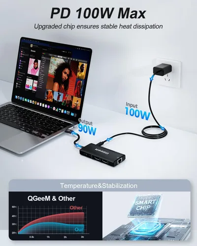 Vista 3 de Hub USB C, estación de acoplamiento para laptop 10 en 1, monitor dual individual 8K y 2x4K @60Hz, adaptador multipuerto tipo C con 2 HDMI, PD100W