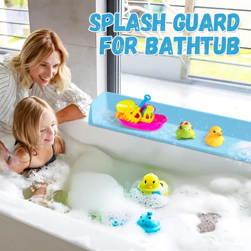 Vista 3 de Protector contra salpicaduras para bañera para niños, protector contra salpicaduras de bañera de silicona con 11 ventosas, estante de juego
