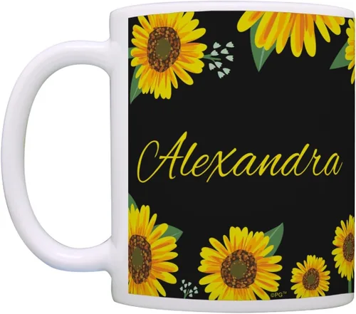 Vista 4 de Personalized Gifts Taza floral amarilla su texto personalizado taza de café taza de café de cerámica taza de té de cerámica 11oz