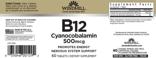 Vista 2 de Vitamina B-12 TABS 500 MCG WMILL Tamaño: 60