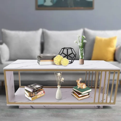 Vista 2 de Mesa de centro de mármol, mesa de centro moderna de mármol sintético de 2 niveles, mesa auxiliar rectangular con marco de metal dorado, mesa de café