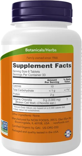 Vista 2 de NOW Foods Suplementos, Clorela orgánica de 500 mg con clorofila natural, beta-caroteno, carotenoides mixtos, vitamina C, hierro y proteína, 200