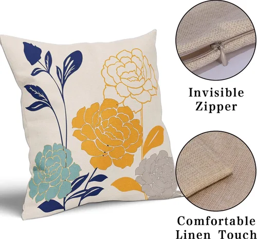 Vista 3 de Fundas de Almohadas para Exteriores con Flores 16x16 Juego de 2, Fundas de Almohadas Decorativas Verde Azulado Gris Mostaza Amarillo Floral, Fundas