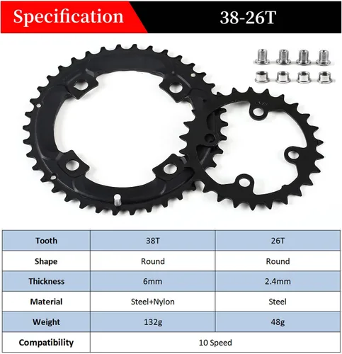 Vista 3 de BUCKLOS 64/104 BCD - Juego de platos para bicicleta con pasador, aleación CNC de acero doble/triple MTB 22T 24T 26T 32T 38T 42T 44T 4 pernos