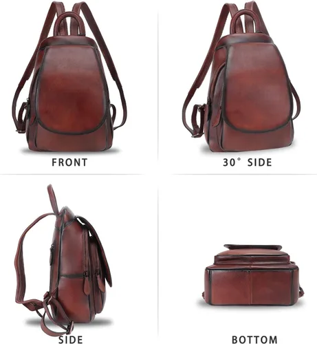 Vista 4 de LRTO Mochila de cuero genuino para mujer, mochila vintage casual para universidad, hecha a mano, mochila occidental de piel de vacuno