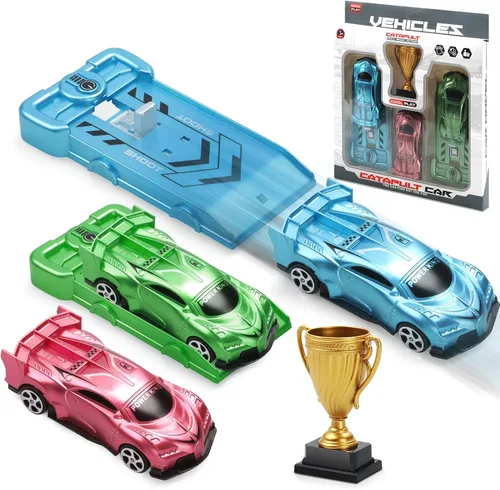 Vista 9 de Aooess 6 PC Catapult Car Toy para Kid 3-5 Car Toy Set con lanzadores Trofeo Coches de carreras de bolsillo portátiles, juguetes interactivos
