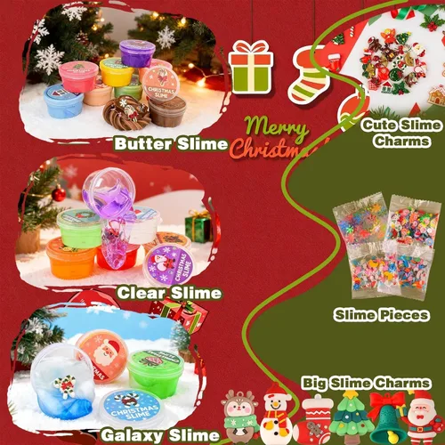Vista 5 de Kit de slime de Navidad, recuerdos de fiesta de slime para niños, calcomanías y dijes de Navidad, rellenos de calcetines de Navidad para niños