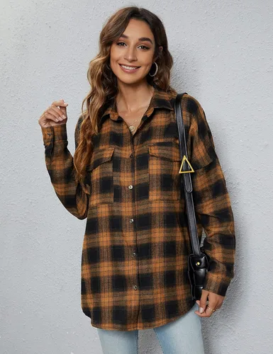 Vista 2 de Blooming Jelly - Camisas de franela con botones para mujer, de manga larga, con cuello de solapas, mezcla de chaqueta y camisa, para negocios o uso