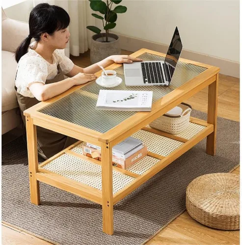 Vista 7 de Gdrasuya10 Mesa de centro moderna de bambú para sala de estar, mesa auxiliar rectangular de 2 niveles, mesa central de vidrio, estante