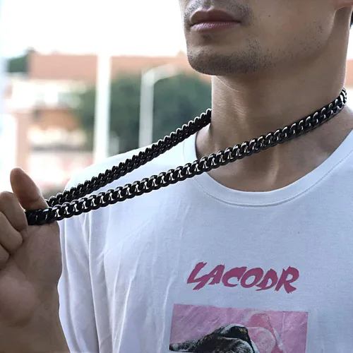 Vista 3 de ROWIN&CO - Cadena para hombre, color negro, pesada, grande, de acero inoxidable 316L, cadena de eslabones cubanos, cadena de joyería de hip hop