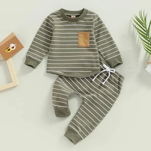 Vista 127 de Ropa de bebé niño 3 6 9 12 18 24M 3T Conjunto de pantalones con capucha patchwork sudadera con capucha pantalones de rayas traje de otoño invierno