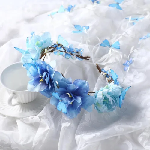 Vista 4 de Blue Flower Crown Headpiece - Floral Headband with Butterfly Bohemian Vine Crown Hippie Flower Headpiece for Women Wedding Party Bridal Shower