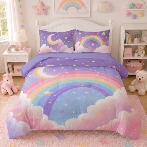 Vista 17 de Juego de ropa de cama arcoíris tamaño individual, edredón reversible de 5 piezas para niñas con sábana de bolsillo profundo, diseño degradado