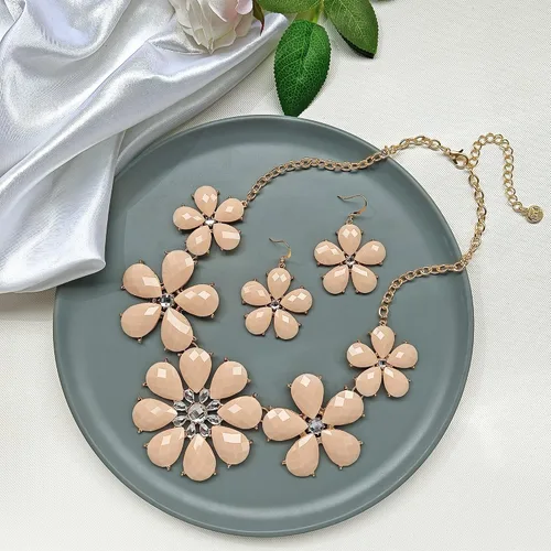 Vista 2 de Firstmeet Collar llamativo de flores brillantes con pendientes