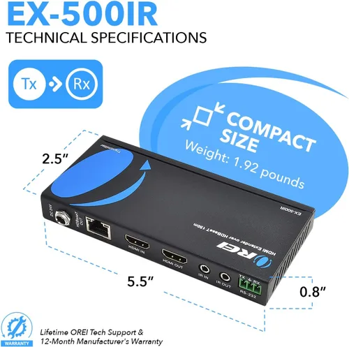 Vista 5 de OREI Extensor HDMI HDBaseT de 1080p a través de cable LAN Ethernet Cat5e/6, hasta 500 pies, compatible con HDCP 1.4, IR bidireccional, salida HDMI