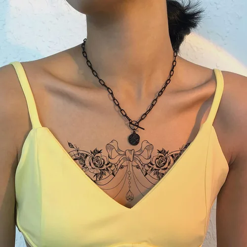 Vista 2 de PAGOW 6 tatuajes falsos para mujer, impermeables, floral, moño, rosa, tatuaje de temperatura realista para mujeres y niñas, pecho