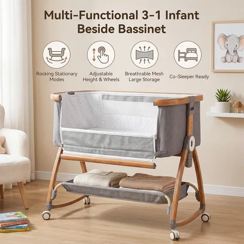 Vista 3 de Bedside Bassinet, Baby Rocking Crib with Adjustable Height, Grey