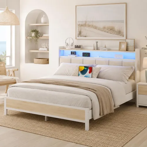 Vista 13 de IMMERSTABLE Base de cama individual con luces LED y estación de carga, cabecera de almacenamiento tapizada, plataforma de metal con listones