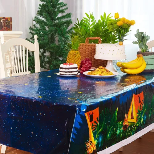 Vista 4 de Chinco Mantel de camping de 3 piezas, decoración de fiesta de campamento de fogata, impermeable, de plástico, rectangular, para picnic, senderismo