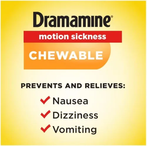 Vista 3 de Dramamine Fórmula masticable para aliviar el mareo por movimiento, naranja, 8 unidades, paquete de 3