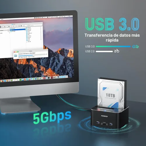 Vista 2 de FIDECO Estación de acoplamiento para disco duro, USB 3.0 Estaciones de acoplamiento de disco duro de aluminio 2.5"/3.5" SATA HDD SSD, lector