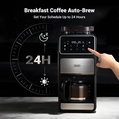 Vista 8 de Gevi Cafetera de Goteo de 10 Tazas con Molinillo Integrado, Máquina de Café Combinada Moler y Preparar con Molinillo de Rebabas con Pantalla Táctil