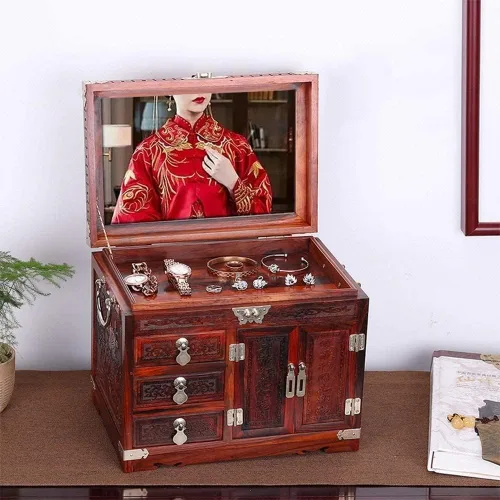 Vista 3 de INKTUS Joyero, caja de anillos de madera, caja de almacenamiento de joyería antigua, joyería hecha a mano, gran capacidad, decoración de vestidor