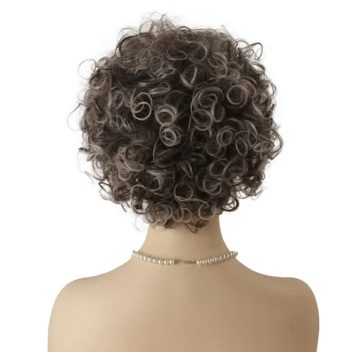 Vista 4 de QACCF Peluca de anciana gris corta y rizada para disfraz de abuelita con gafas de abuela y collar de perlas (negro gris)