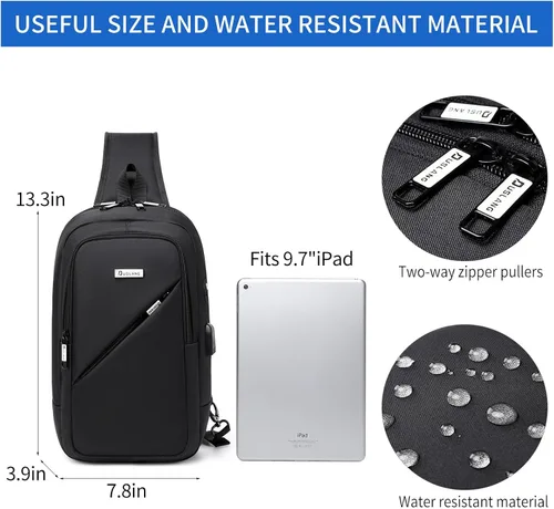 Vista 40 de DUSLANG Mochila de hombro para senderismo, bolsa cruzada para hombres, bolsas de pecho con puerto de cargador USB para campamento casual, ciclismo