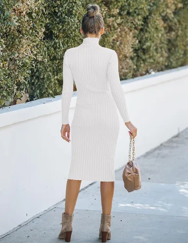Vista 3 de MEROKEETY - Vestido de manga larga acanalado para mujer, con cuello alto, ajuste entallado, longitud por debajo de la rodilla y tejido