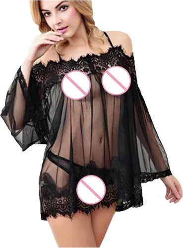 Vista 4 de Lencería sexy para mujer, camisón de red transparente, encaje floral, ropa de dormir