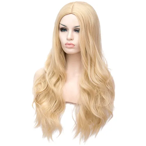 Vista 4 de Peluca larga rubia ondulada para mujeres y niñas, pelucas de cabello natural rizado para disfraces de cosplay, fiesta de Halloween, fibra sintética