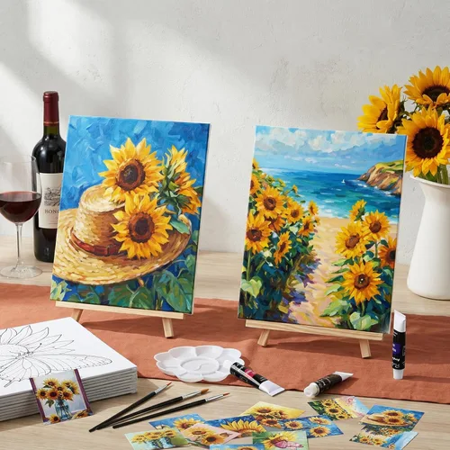 Vista 2 de Engrowtic 12 lienzos predibujados de flores de girasol de 8 x 10 pulgadas para pintar, lienzos preimpresos, para mujeres, pintura, arte, fiesta