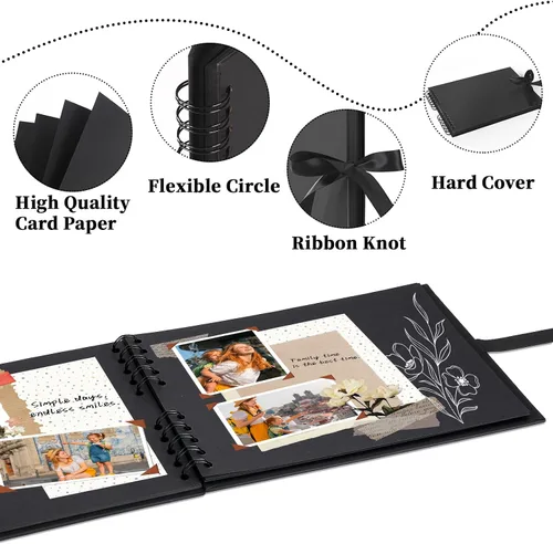 Vista 5 de Vienrose Álbum de recortes de 80 páginas, álbum de fotos de bricolaje con accesorios, libro de recuerdos de papel kraft negro para bodas