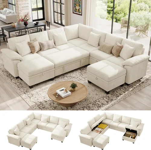 Vista 11 de Ihanherry Sofá modular de 86 pulgadas con cama extraíble, sofá cama modular en forma de L de 4 plazas con otomana de almacenamiento, sofás Verde