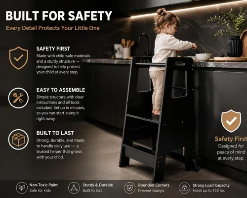 Vista 5 de Taburete de cocina para niños pequeños, ayudante de pie de madera ajustable de 3 niveles con barandilla, taburete de cocina para niños para cocinar
