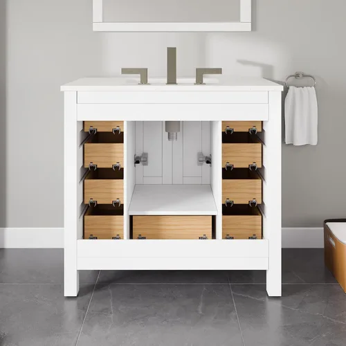 Vista 11 de Eviva Combo de tocador y lavabo de baño con acabado blanco de 36 pulgadas, tocadores de baño blancos de madera maciza de 36 pulgadas con parte