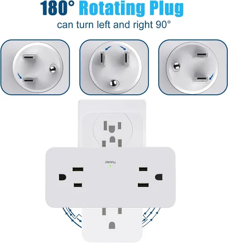 Vista 6 de Extensor de salida de protección contra sobretensiones con enchufe giratorio, extensor de salida de enchufe múltiple con 4 divisores y 2 puertos USB